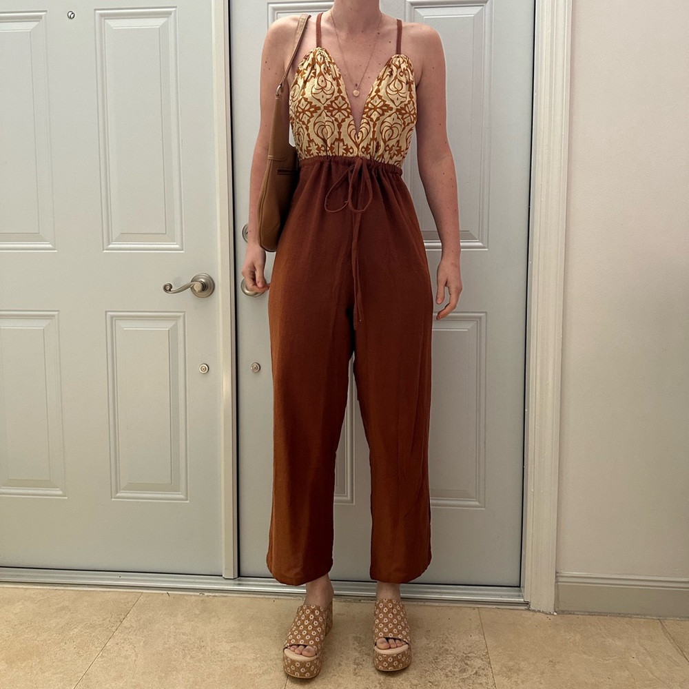 Macra Spirit Wide Legged Boho Small Medium Orange Brown Halter Jumpsuit NWT